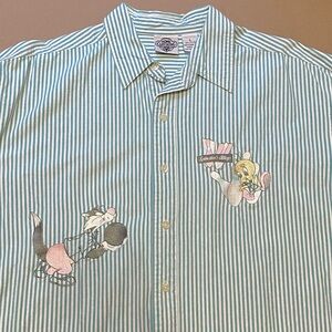 90s Vintage ACME Sylvester & Tweety Teal and White Cotton Button Down Shirt